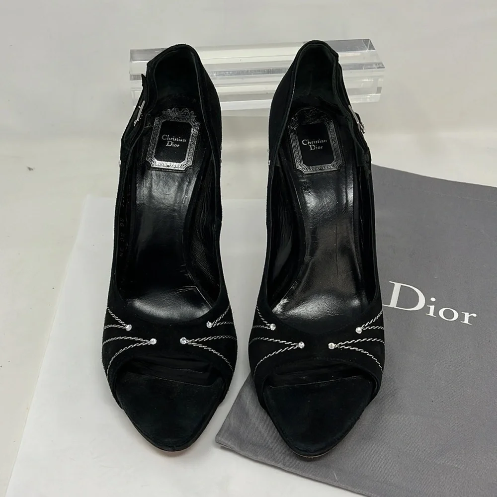 Dior Sz 39.5 Suede Embroidered Folles Peep Toe Pumps Heels